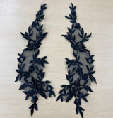 1 Pair Beaded Floral Lace Applique Embroidered on 100% Polyester Organza 10" x 2.5" Each Side