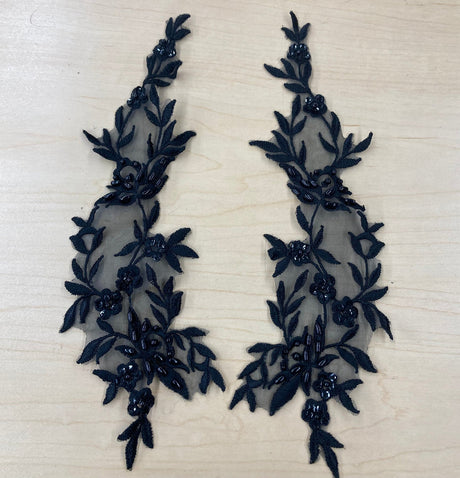 1 Pair Beaded Floral Lace Applique Embroidered on 100% Polyester Organza 10" x 2.5" Each Side
