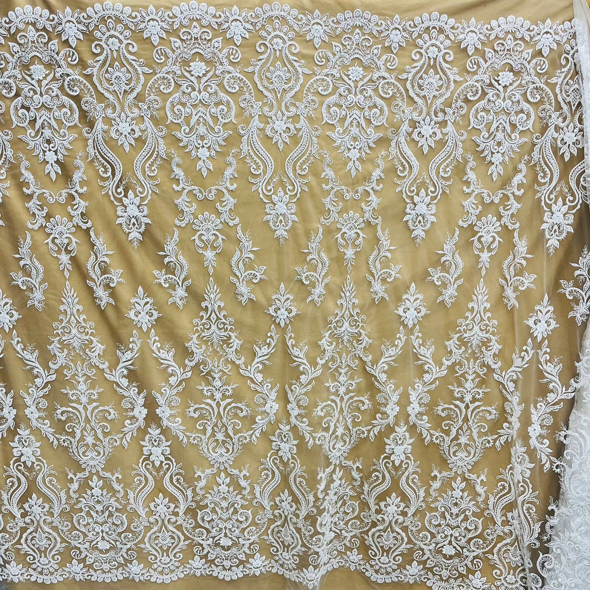 1 Yard Beaded & Sequined Lace Fabric on Polyester Net Mesh, 55" Wide Bridal & Evening Fabric