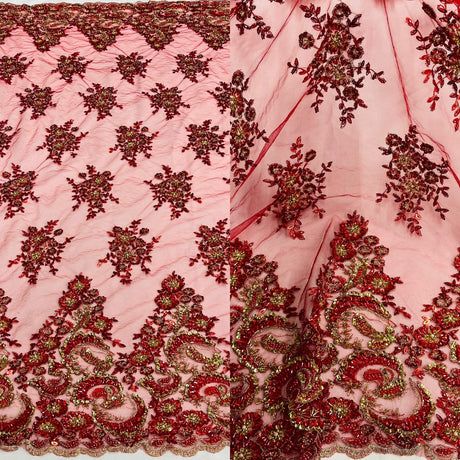 1 Yard Glamorous Black and Gold Beaded Sequined Lace Fabric on Polyester Net Mesh 52 inch Width