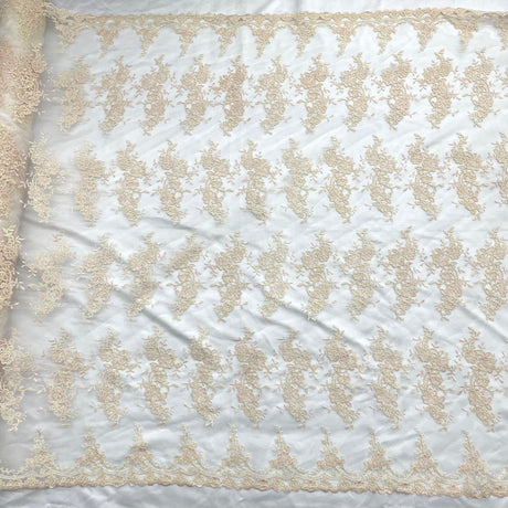 1 Yard Peach Corded Bridal Lace Fabric Embroidered Polyester Net Mesh 54 Inch Width