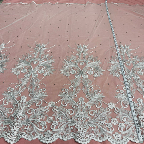 1 Yard Exquisite Beaded and Corded Bridal Lace Fabric Embroidered on Polyester Net Mesh 54" Width