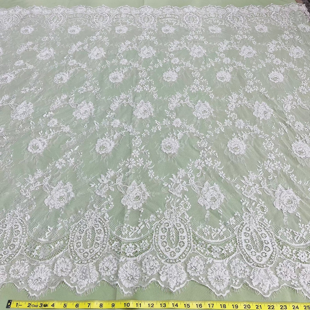 3 Yards Precut Beaded & Corded Chantilly Floral Lace Fabric Embroidered on Polyester Net Mesh 58" Wide
