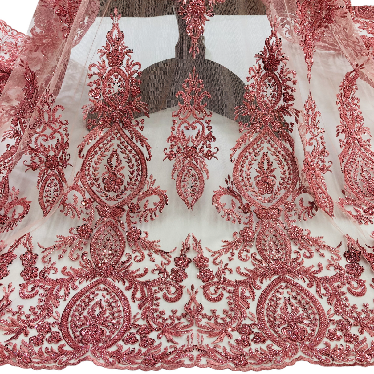1 Yard Beaded Lace Fabric on Polyester Net Mesh, Light Coral, Embroidered Lace, 48" Wide