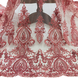 1 Yard Beaded Lace Fabric on Polyester Net Mesh, Light Coral, Embroidered Lace, 48" Wide