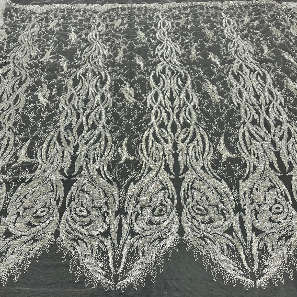 1 Yard Opulent Beaded & Corded Bridal Lace Embroidered on Polyester Net Mesh 58" Wide