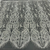 1 Yard Opulent Beaded & Corded Bridal Lace Embroidered on Polyester Net Mesh 58" Wide