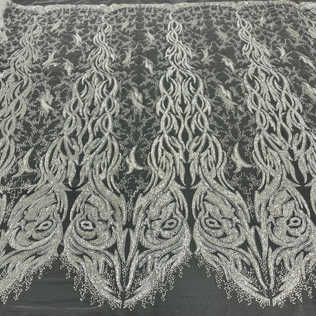 1 Yard Opulent Beaded & Corded Bridal Lace Embroidered on Polyester Net Mesh 58" Wide