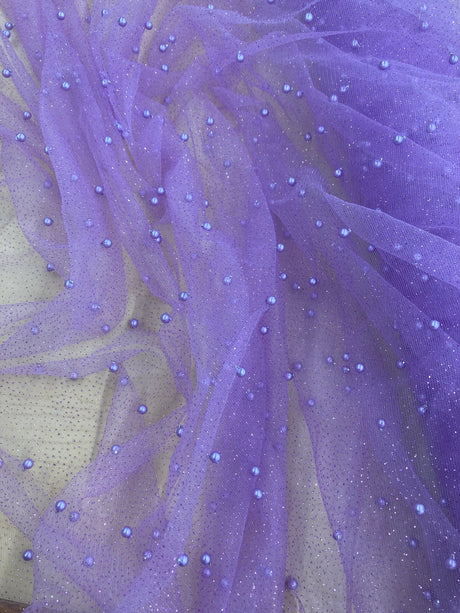 1 Yard Hunter Green Glitter Mesh Fabric with Scattered Pearls Stretch Soft Sparkle Net 60 Inch Width