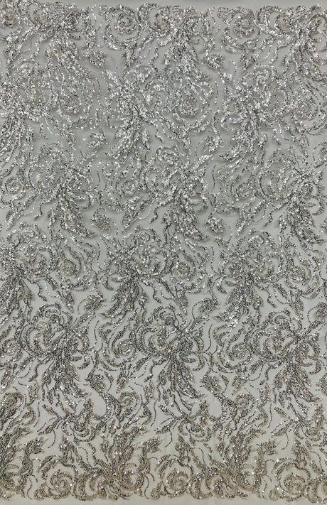 1 Yard Rose Gold Beaded & Sequined Embroidered Lace Fabric on Polyester Mesh, 54” Width,