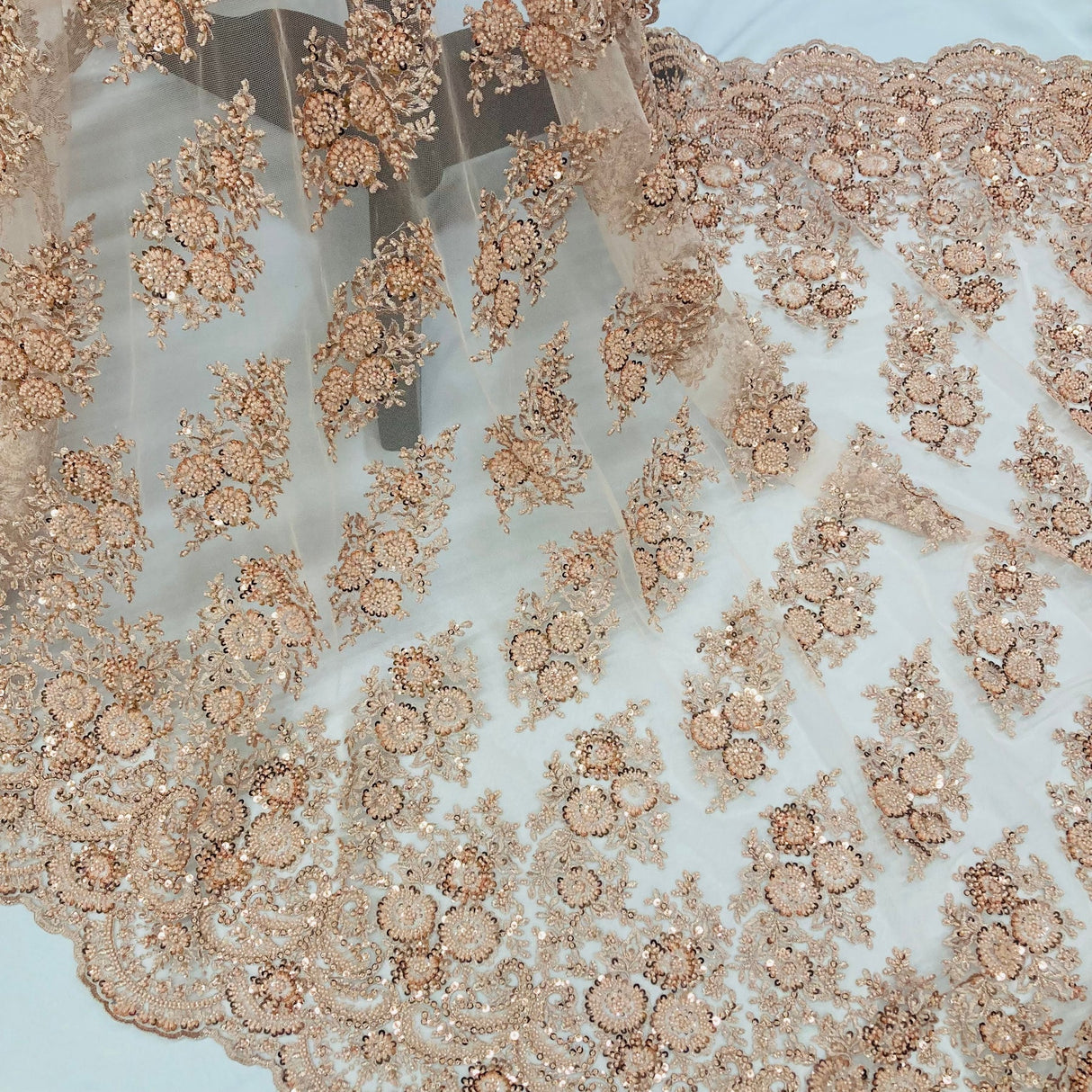 1 Yard Red Beaded Embroidered Lace Fabric on 100% Polyester Mesh, 50" Width