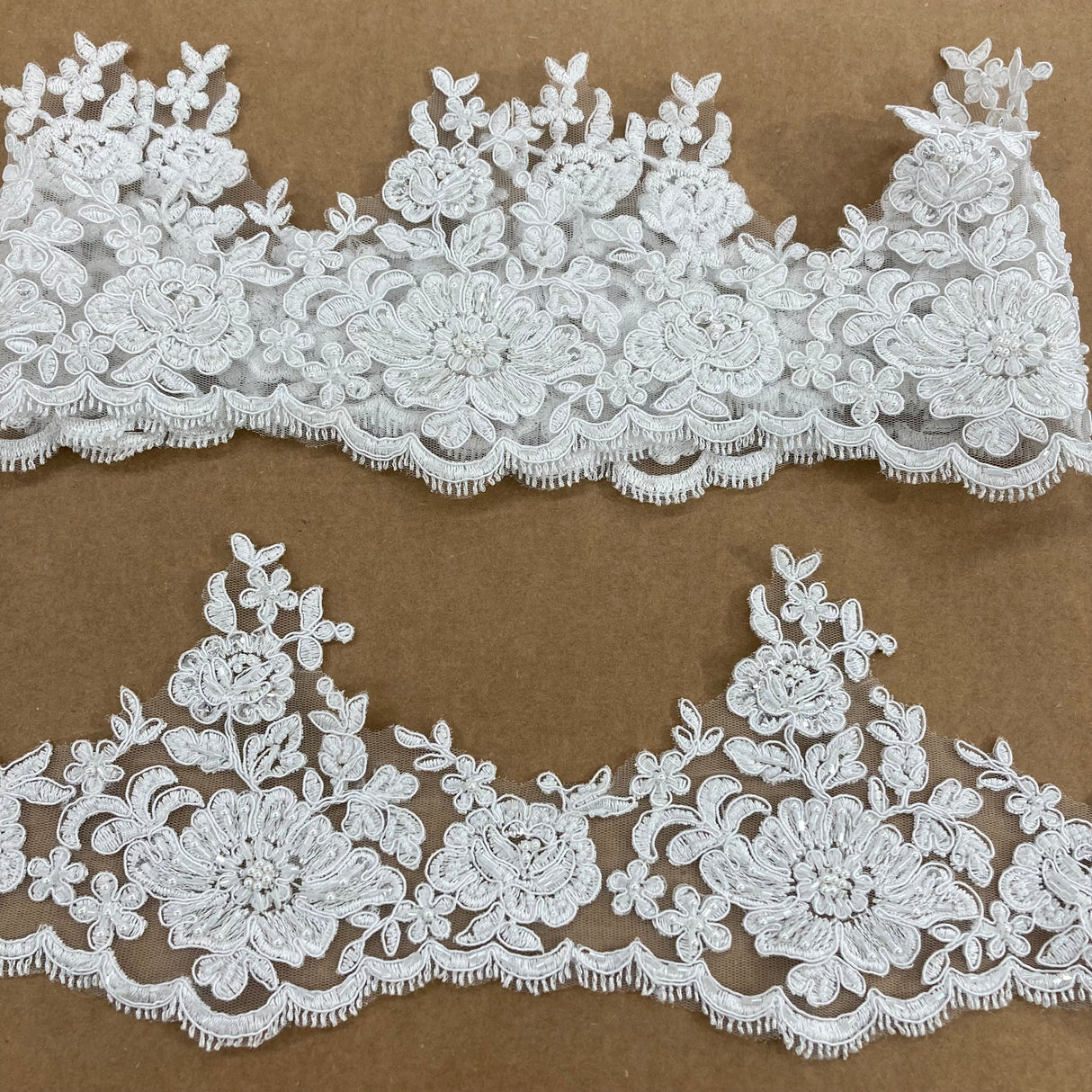 1 Yard Embroidered on 100% Polyester Net Mesh 6? Wide Beaded & Corded Floral Lace Trimming