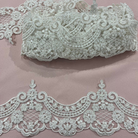 1 Yard 5? Wide Beaded & Corded Lace Trimming Embroidered on 100% Polyester Net Mesh