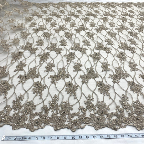 1 Yard Blush Beaded & Corded Bridal Lace Embroidered on Fabric 52" Wide Polyester Net Mesh