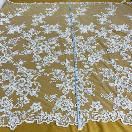1 Yard Opulent Beaded & Corded Bridal Lace Fabric Embroidered on Polyester Net Mesh Perfect for Wedding & Evening Couture 53" Wide
