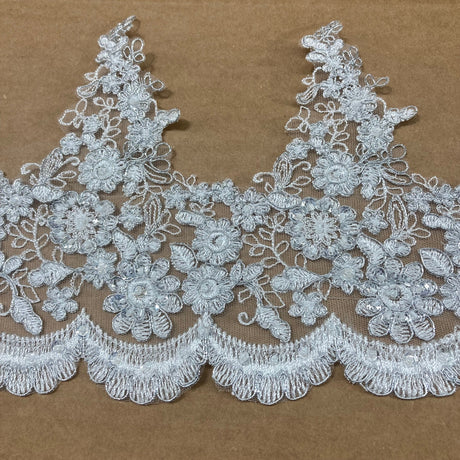 1 Yard Beaded & Corded Lace Trimming Embroidered on 100% Polyester Net Mesh 8? Wide