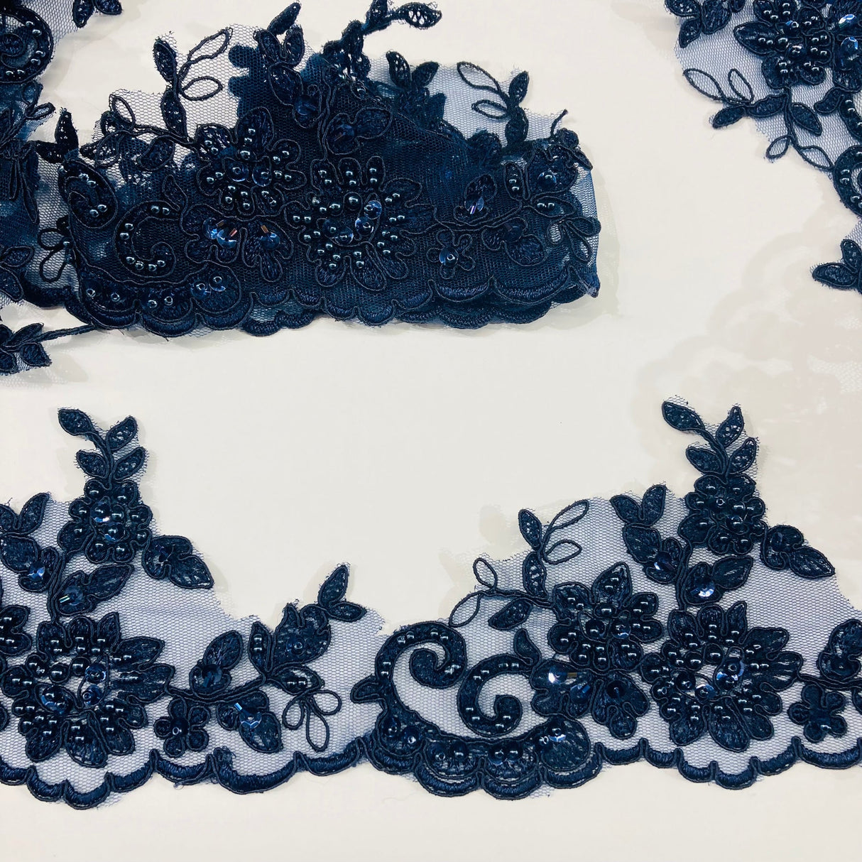 1 Yard Embroidered on 100% Polyester Organza 4.5? Wide Beaded & Corded Lace Trimming