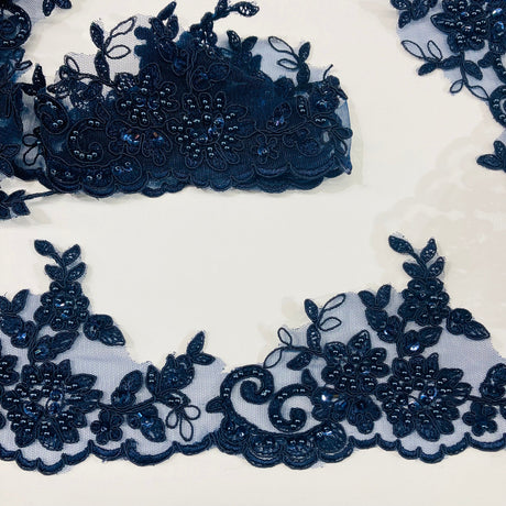1 Yard Embroidered on 100% Polyester Organza 4.5? Wide Beaded & Corded Lace Trimming
