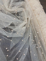 1 Yard Hunter Green Glitter Mesh Fabric with Scattered Pearls Stretch Soft Sparkle Net 60 Inch Width