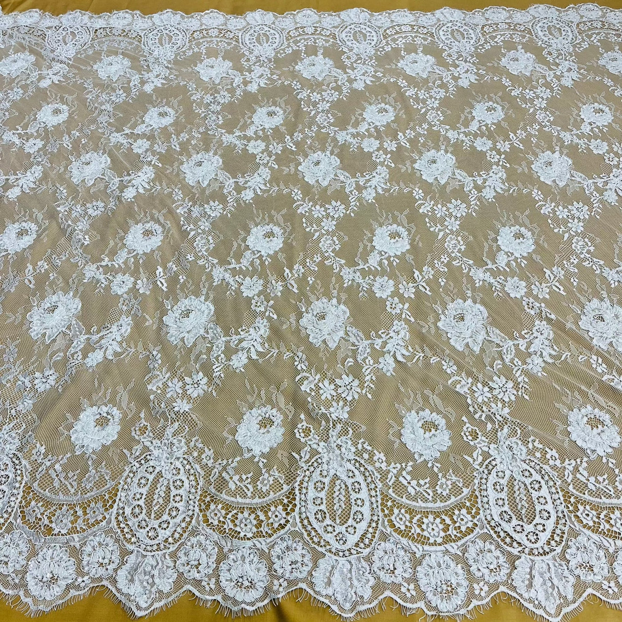 3 Yards Precut Beaded & Corded Chantilly Floral Lace Fabric Embroidered on Polyester Net Mesh 58" Wide