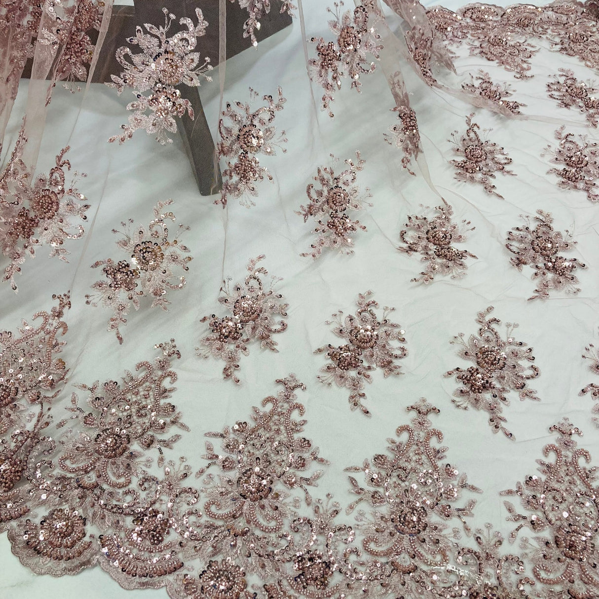 1 Yard Gold Beaded Lace Fabric Embroidered on Polyester Net Mesh 50 inch Width