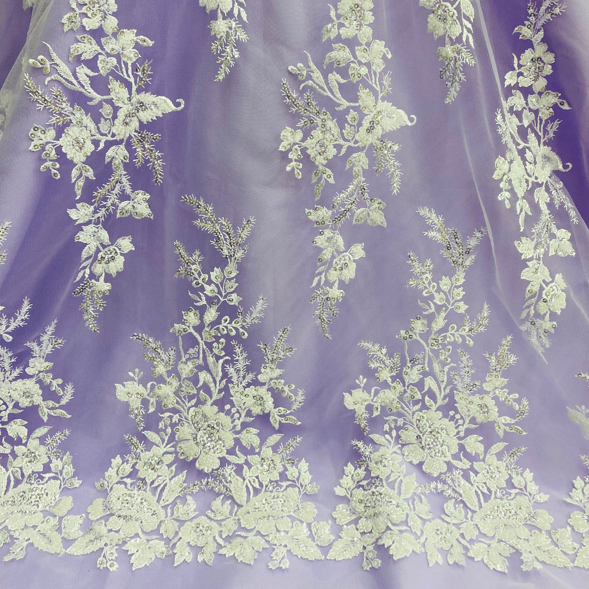 1 Yard Beaded & Sequined Embroidered Lace Fabric on Polyester Mesh, 52" Wide