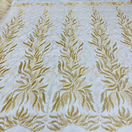 1 Yard Beaded & Corded Bridal Lace Fabric, 58" Wide Embroidered Polyester Net Mesh for Wedding, Evening & Quinceañera Dresses
