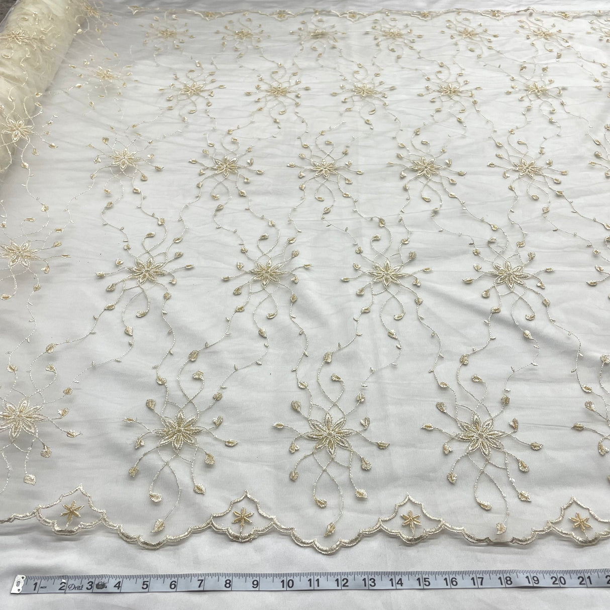 1 Yard Mustard Green Beaded Lace Fabric Embroidered Polyester Net Mesh 50 Inch Width