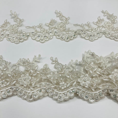 1 Yard Beaded Corded Lace Trimming on Net Mesh for Bridal Dresses 3.25 Inch Width