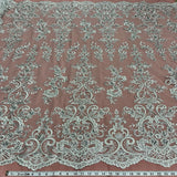 1 Yard Ethereal Silver Beaded Corded Bridal Lace Fabric on Net Mesh 54 inch Width