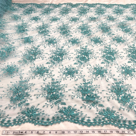 1 Yard Ivory Floral Lace Fabric Embroidered Polyester Net Mesh 52 Inch Width