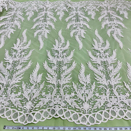 1 Yard Elegant White Beaded & Corded Embroidered Lace Fabric, 51" Wide, Bridal Fabrication for Gowns & Décor