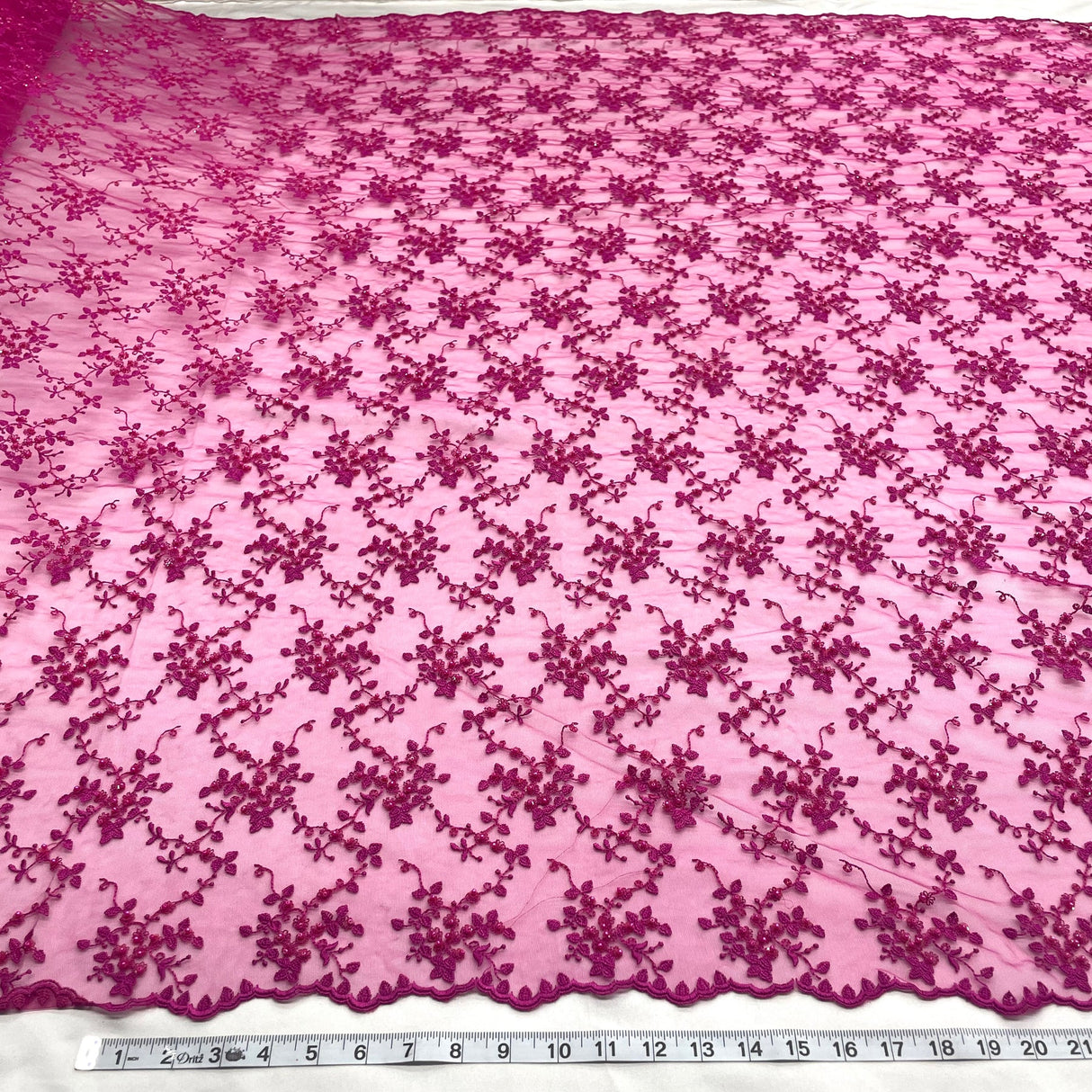 1 Yard Fuchsia Beaded Lace Fabric Embroidered on Polyester Net Mesh 53 Inch Width
