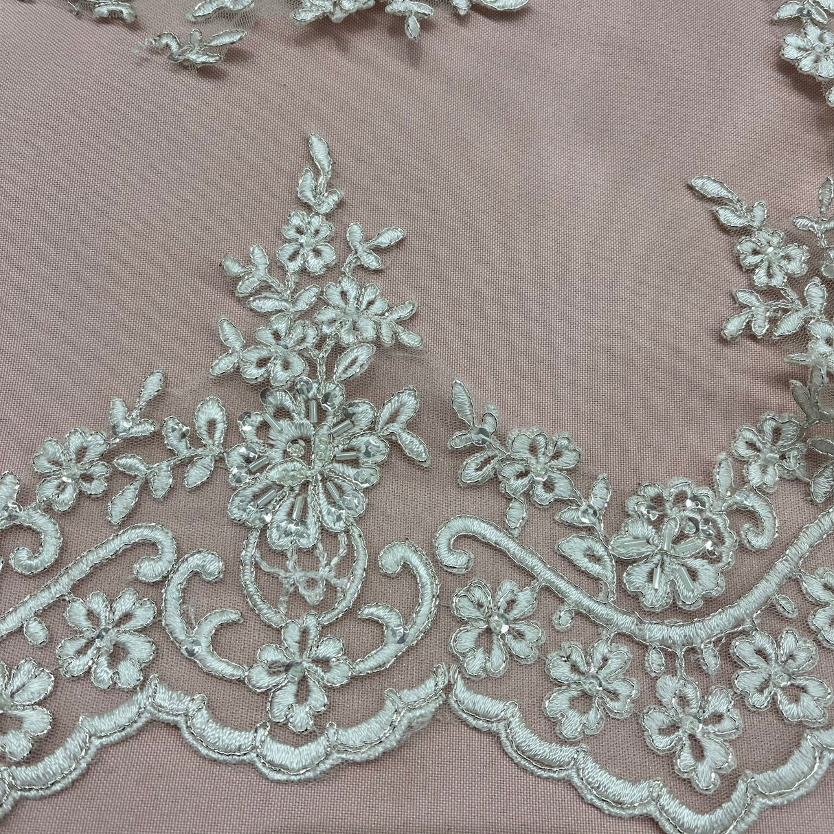 1 Yard Beaded & Corded Floral Lace Trimming Embroidered on 100% Polyester Net Mesh 6" Wide