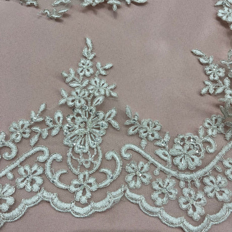 1 Yard Beaded & Corded Floral Lace Trimming Embroidered on 100% Polyester Net Mesh 6" Wide