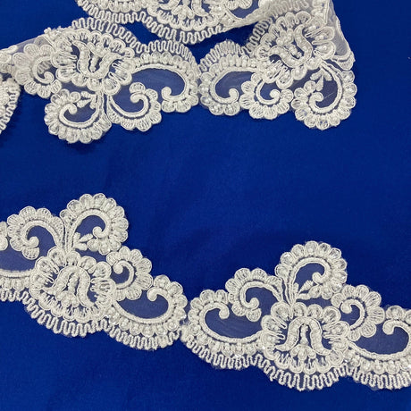 1 Yard Embroidered on 100% Polyester Net Mesh 4? Wide Beaded & Corded Lace Trimming