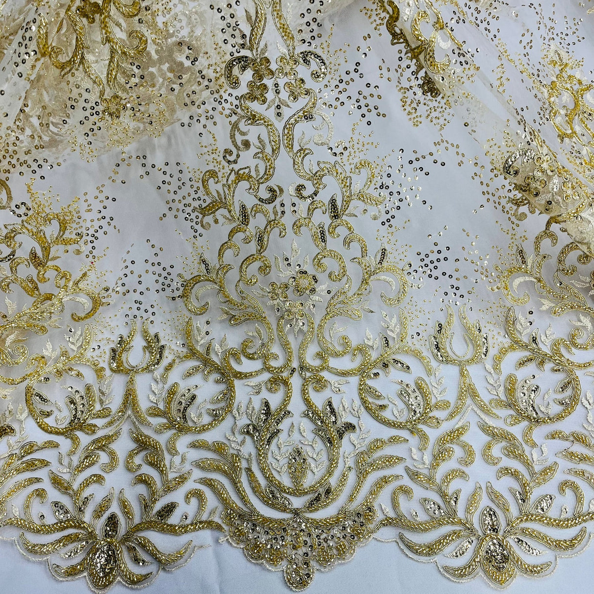 1 Yard Beaded & Corded Bridal Lace Fabric, Handcrafted Embroidered Polyester Net Mesh for Couture Wedding, Quinceanera & Evening Gowns 56" Wide