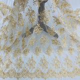 1 Yard Gold Beaded Corded Bridal Lace Fabric Embroidered on Polyester Net Mesh 54 inch Width