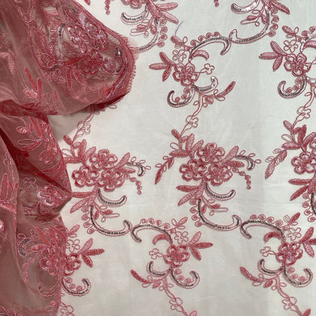 1 Yard Dusty Rose Sequined and Corded Lace Fabric on Percent Polyester Net Mesh 54 Inch Width