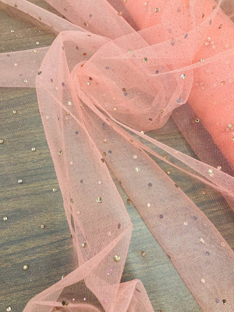 1 Yard Champagne Glitter Mesh Fabric with Scattered Rhinestones Stretch 60 Inch Width
