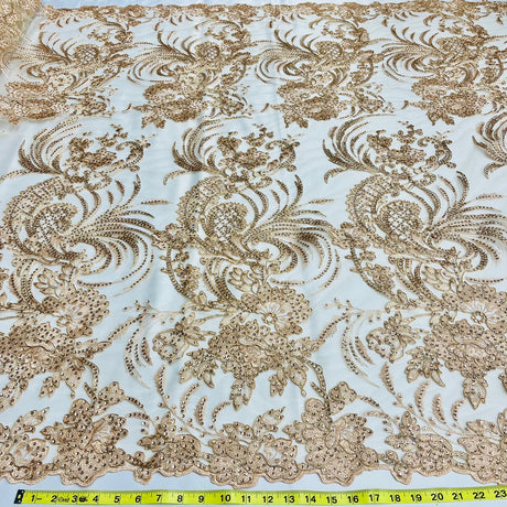 1 Yard Luxurious Corded and Sequined Bridal Lace Fabric Embroidered on Polyester Net Mesh 54" Width