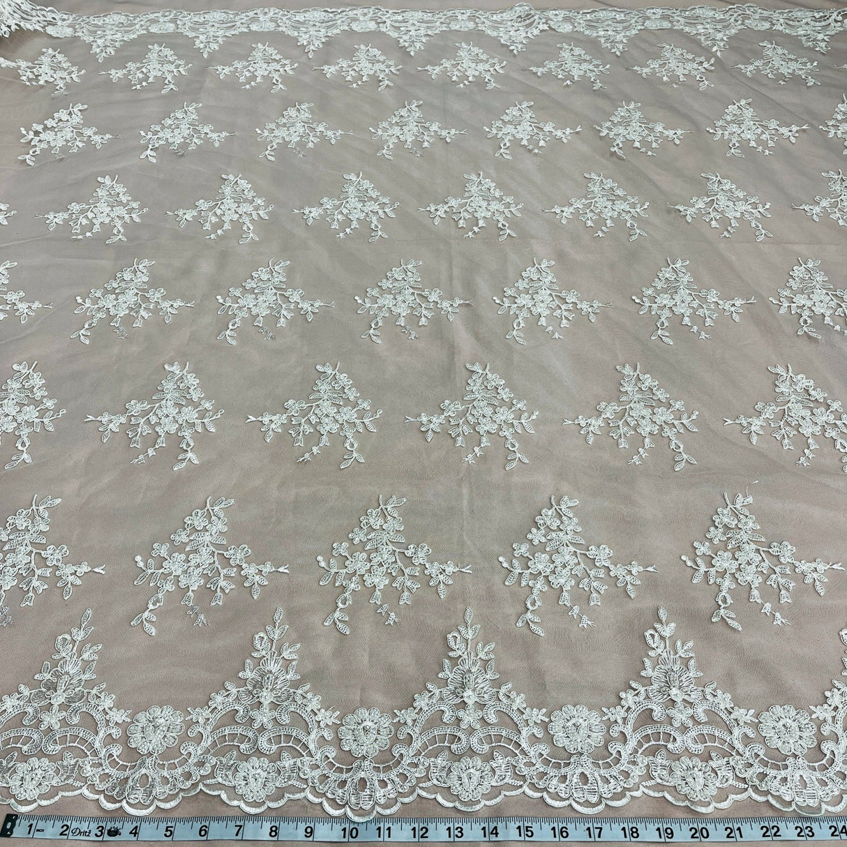 1 Yard Gold Beaded Corded Bridal Lace Fabric Embroidered on Polyester Net Mesh 56 inch Width
