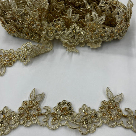1 Yard Luxury Beaded & Corded Lace Trimming Embroidered on Polyester Net Mesh for Bridal and Special Occasion Dresses 2 Inch Width