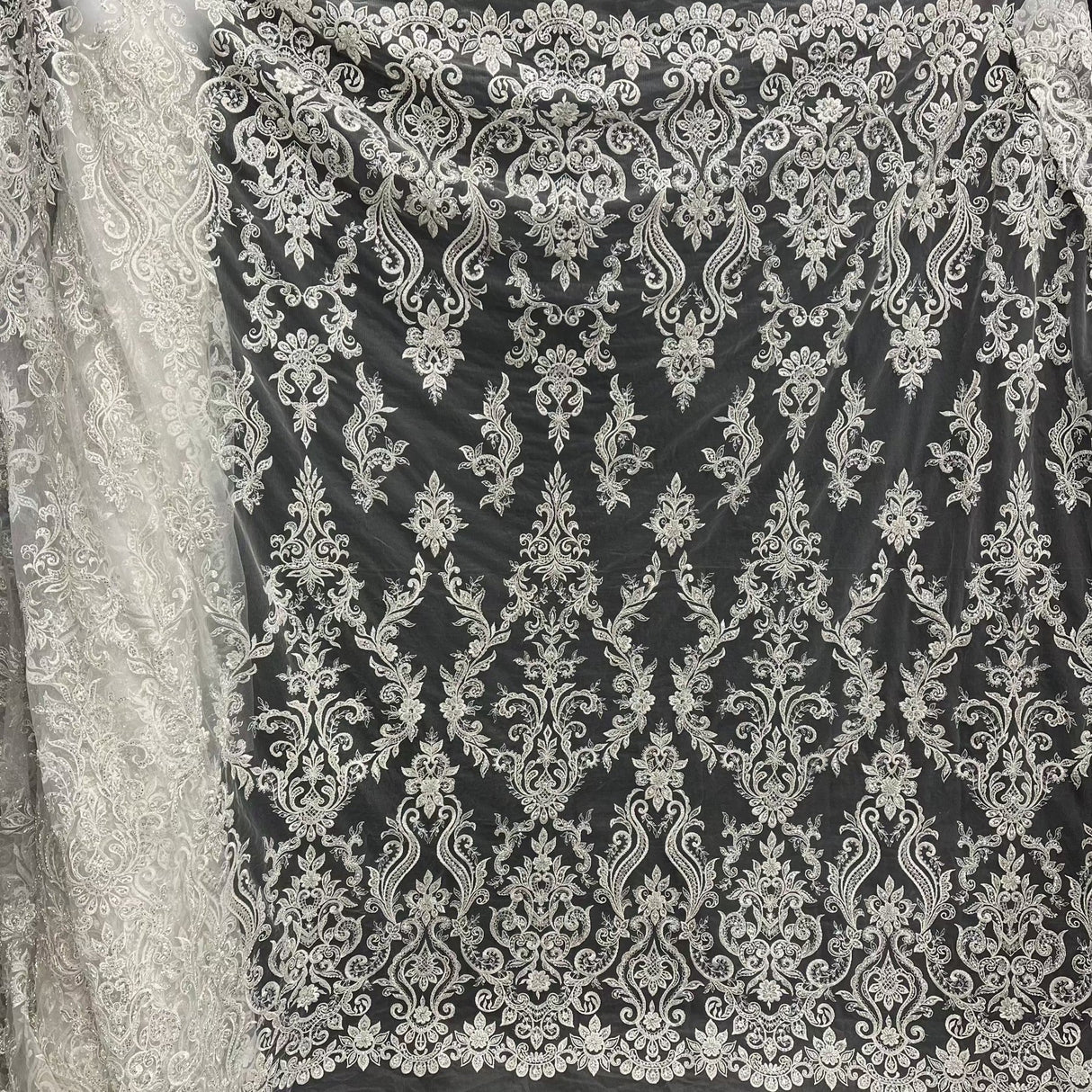 1 Yard Beaded & Sequined Lace Fabric on Polyester Net Mesh, 55" Wide Bridal & Evening Fabric