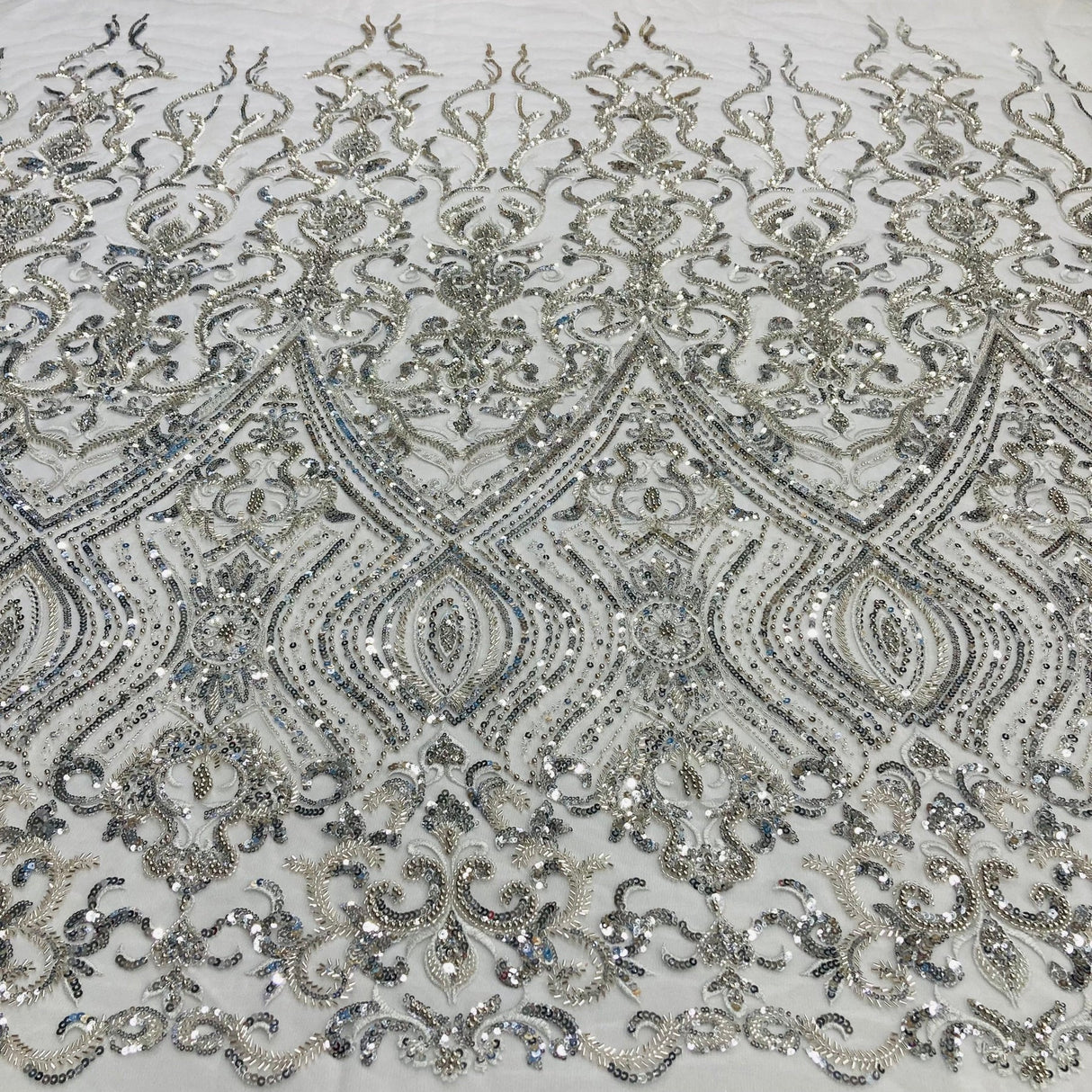 1 Yard Beaded Lace with Sequins & Pearls 52? Wide Embroidered Polyester Net Mesh for Bridal & Formal Gowns