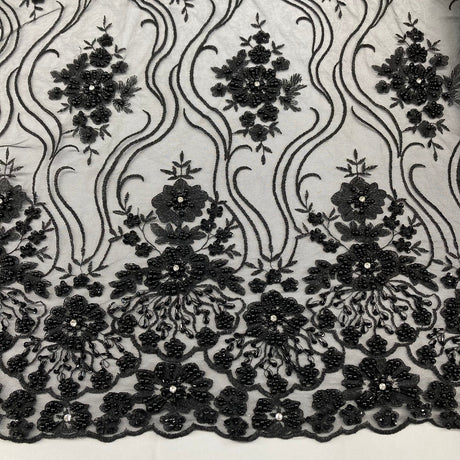 1 Yard Elegant Beaded Lace Fabric Embroidered on Polyester Net Mesh 51 inch Width