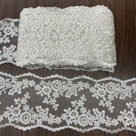 1 Yard Corded Double Sided Lace Trimming Embroidered on 100% Polyester Net Mesh 6? Wide