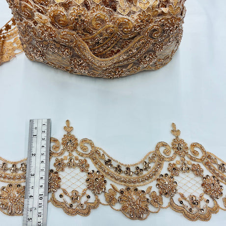 1 Yard 5? Wide Beaded & Corded Lace Trimming Embroidered on 100% Polyester Net Mesh