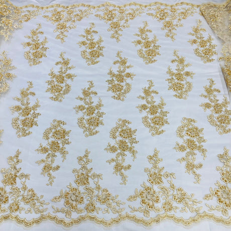 1 Yard Exquisite White Hand-Beaded Corded Bridal Lace Fabric on Net Mesh 51 inch Width
