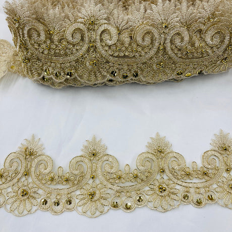 1 Yard Beaded & Corded Lace Trimming Embroidered on 100% Polyester Net Mesh 4" Wide